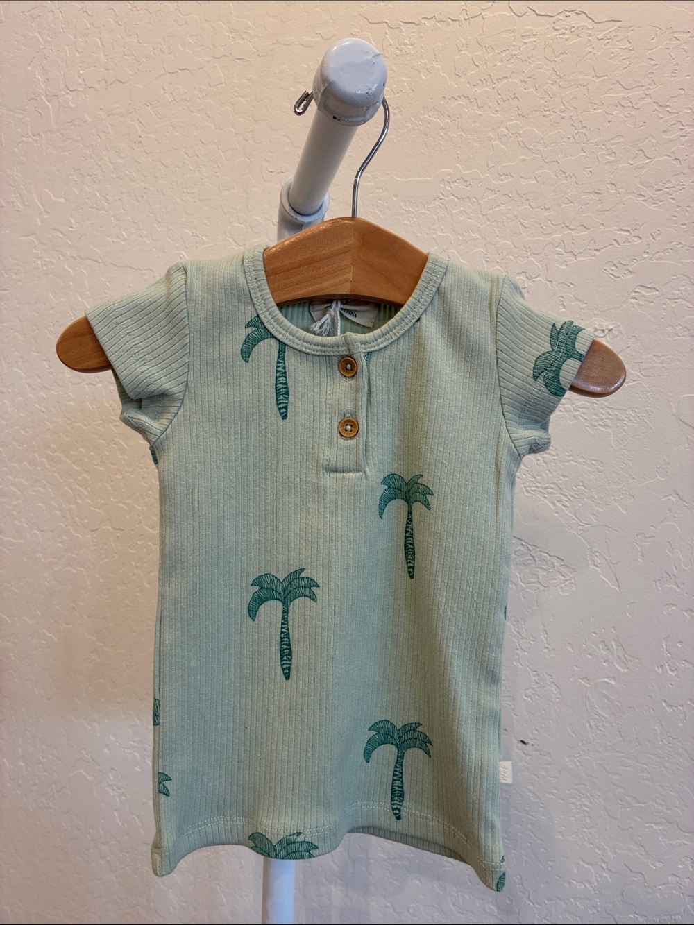 Kids Short-Sleeve Palm Print Henley Top - Sage Green